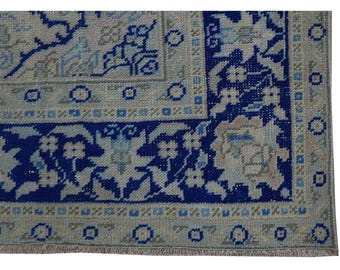 Handwoven Turkish Wool Rug 6x8 / Cobalt Blue Vintage Carpet / Floral Border Home Decor