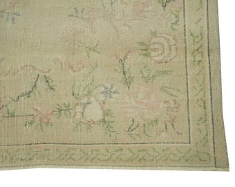 Ivory Handwoven Turkish Wool Rug 7x10 / Faded Floral Area Carpet / Serene Bedroom Decor