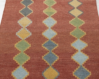 3x5 Antyczny turecki dywan anatolijski, czerwony diamentowy kilim wełniany dywan, 3'3" x 4'9"