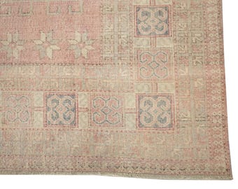 Alfombra de lana turca vintage tejida a mano: Alfombra de salón con diseño Oushak en rosa descolorido