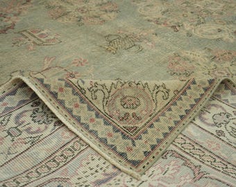 Alfombra vintage de lana Oushak de 6x10 / Alfombra de área Anatolia color marfil y salvia