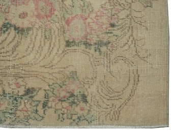 Alfombra de lana turca beige tejida a mano de 5x8 pies / Alfombra floral vintage / Decoración romántica para dormitorio