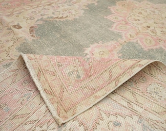Alfombra turca Oushak hecha a mano, alfombra vintage de lana anudada a mano de 6,1 x 9,5 pies.