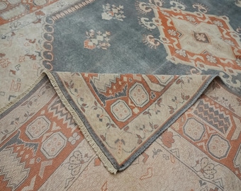 Alfombra turca vintage Oushak de 1,98 x 2,59 m, alfombra bohemia anatolia de lana hecha a mano.