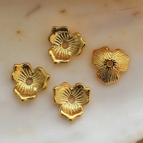 20/40/80 Pcs Bright Gold Textured Three Petal Flower Bead Caps - 11x2mm Lead and Cadmium Free