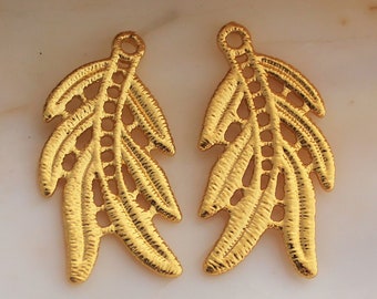 2/4/8 PCS Bright Gold Metal Lace Branch with Leaves Filigree Connector Pendants - 28x15mm Lead Free