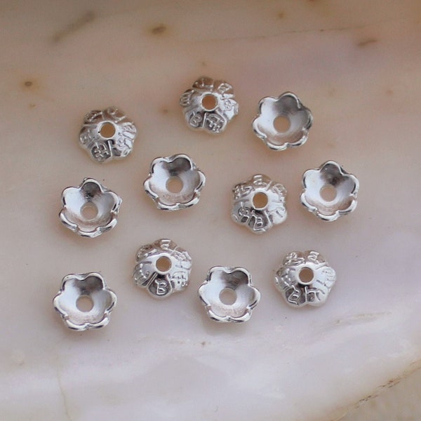 50/100 Pcs Bright Silver Textured Six Petal Bead Caps - 6x6mm Lead Free