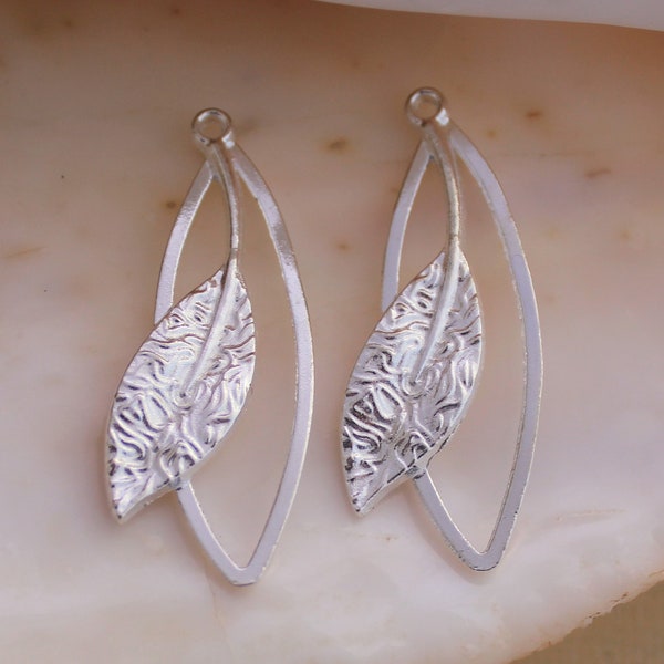 12/24/50 PCS Bright Silver Hollow Outline Leaf and Branch Pendants - 40x16mm Lead, Nickel, and Cadmium Free