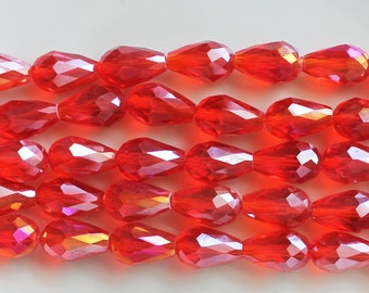 10/20/50 Pcs Red Iridescent Color Shifting Faceted Glass Tear Drop Beads - 10x15mm