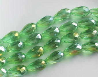10/20/50 Pcs Lime Green Iridescent Color Shifting Faceted Glass Tear Drop Beads - 10x15mm