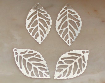 25/50/100 PCS Small Thin Bright Silver Leaf Outline Filigree Charms - 24x14mm Lead Free