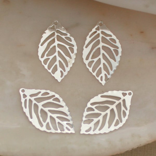 25/50/100 PCS Small Thin Bright Silver Leaf Outline Filigree Charms - 24x14mm Lead Free