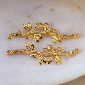 4/8 PCS Bright Gold Leaf Branch Connector Charms - 41x12mm Lead Free