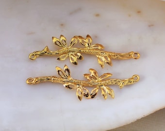 4/8/16 PCS Bright Gold Leaf Branch Connector Charms - 41x12mm Lead Free