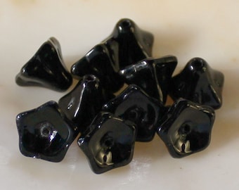 20 Pcs Czech Onyx Black 5 Petal Glass Flower Beads - 9x6mm