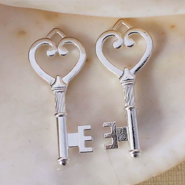 12/24/50 PCS Antique Silver Ornate Heart Key Charms - 46x18mm Lead, Cadmium, and Nickle Free