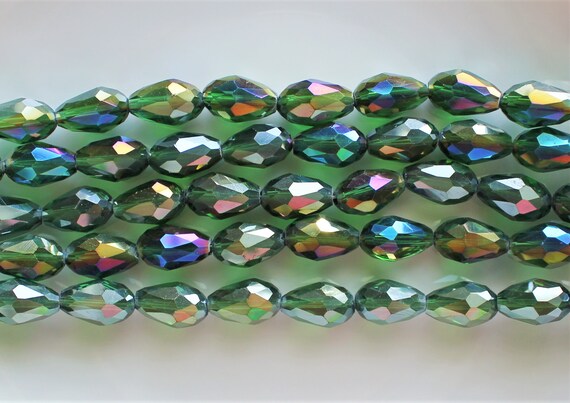 10x15mm 10/20/50 Pcs Green Iridescent Color Shifting Faceted Glass Tear Drop Beads