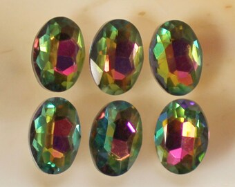 12 Pcs Vitrail Color Changing Green Glass Oval Rhinestones With Silver Foiled Backs - 14x10mm