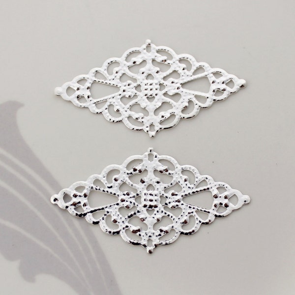 20/50/100 PCS Bright Silver Ornate Filigree Rhombus Base Pendant - 44x24mm Lead Free