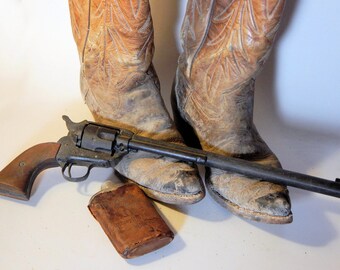 Western Collection Boots & leather covered hip flask circa 1940s-50s (the Colt .45 is just a display suggestion)