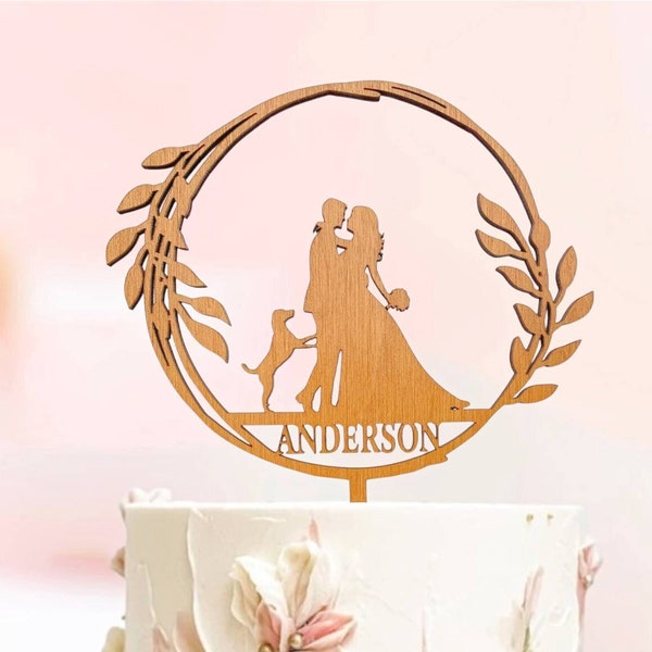 Boho Floral Wedding Cake Topper with Cat, Wreath Wood Cake Topper with Cat, Wedding cake topper, Cats theme wedding, Cake Topper with Pets