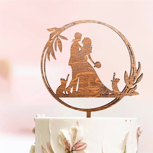 Boho Blumen Hochzeitstorte mit Katze, Kranz Holz Cake Topper mit Katze, Hochzeitstorte, Katzen Thema Hochzeit, Cake Topper mit Haustieren