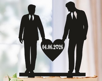 Décoration de gâteau de mariage gay avec date, Mr et Mr Cake Topper, décoration de gâteau silhouette gay, décoration gay pour mariage, décoration de mariage LGBT, 2 hommes