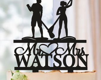 Paddle Boarding Wedding Cake Topper Couple Mr Mrs with Name Personalised Stand Up Paddleboard  Anniversary