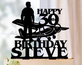 Personalized Pilot Birthday Cake Topper, Aviation Party Decoration, Happy Birthday airplane cake topper