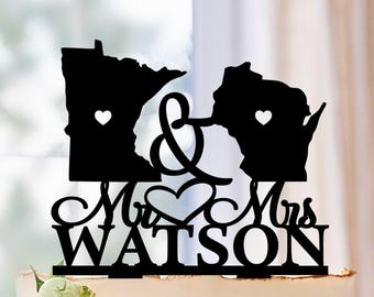 Personalized USA States Wedding Cake topper, Custom Globe Wedding Cake Toppers, Destination Topper with Lastname, Any State Cake topper