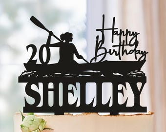 Female Kayak Birthday Cake Topper, Personalized Canoe or Kayaking Paddler Birthday Acrylic Glitter Decor, Custom Topper for Outdoor Lover