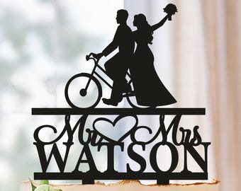 Mr & Mrs Wedding Cake Topper on Bicycle, Bicycle Wedding Cake Topper, Custom Bride Groom Bike Topper,Funny Rustic Wedding Couple Cake Topper
