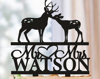 Deer Wedding Cake Topper, Buck and Doe Cake Topper, Kiss Deer Cake Topper with Last name, Personalized deer cake topper, Hunting cake topper