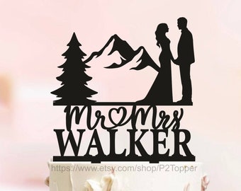 Mountain wedding cake topper, Outdoor wedding cake topper, last name cake topper, forest wedding cake topper, forest theme cake topper