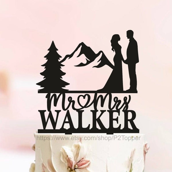 Mountain wedding cake topper, Outdoor wedding cake topper, last name cake topper, forest wedding cake topper, forest theme cake topper