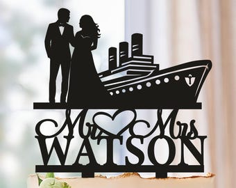 Cruise Ship Wedding Cake Topper, Destination Cake Topper with nautical boat, Bride And Groom Cake Topper, Mr And Mrs Cake Topper