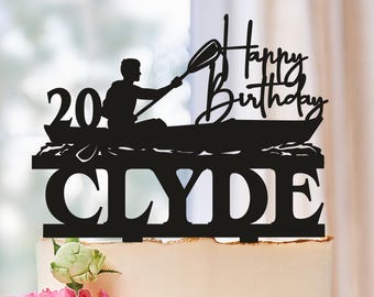 Male Kayak Birthday Cake Topper, Personalized Canoe or Kayaking Paddler Birthday Acrylic Glitter Decor, Custom Topper for Outdoor Lover