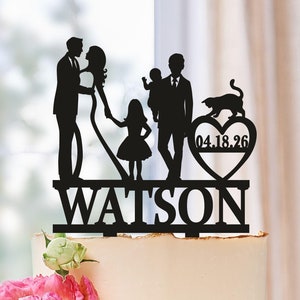 Family Wedding Cake Topper with kids and cat, Couple Cake Topper with kids, Family Wedding Cake Toppers with children, Cake Topper with date