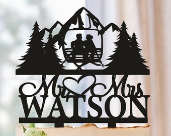 Skiing ski lift wedding cake topper, Ski cake topper, Winter wedding cake topper, Ski Cake topper, Ski Winter topper in mountains