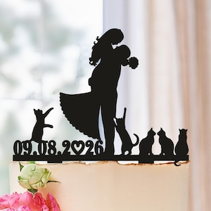 wedding cake topper with date,Cake topper with cats,silhouette cake topper with five cats,cats cake topper,Topper for wedding cats (0170)
