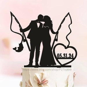 Fishing Wedding Cake Topper, Mr And Mrs Cake Topper With Date, Custom Cake Topper With Pets, Bride and Groom with fishing rod, Fish