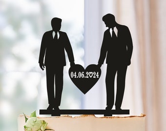 Gay Wedding cake topper with date, Mr and Mr Cake Topper, gay silhouette cake topper, Gay Topper for Wedding, LGBT wedding decor, 2 males