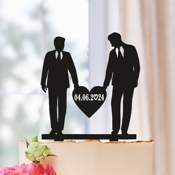 Gay Wedding cake topper with date, Mr and Mr Cake Topper, gay silhouette cake topper, Gay Topper for Wedding, LGBT wedding decor, 2 males