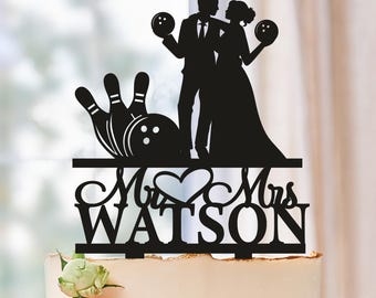 Bowling Wedding Cake Topper, Mr and Mrs cake topper, bride pulling groom, Sports Wedding Cake Topper,  Funny Bride and Groom Cake Topper