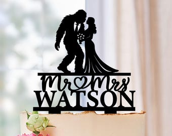 Bigfoot Wedding Cake Topper, Funny Bride and Groom Sasquatch Cake Toppers, Big foot party decoration