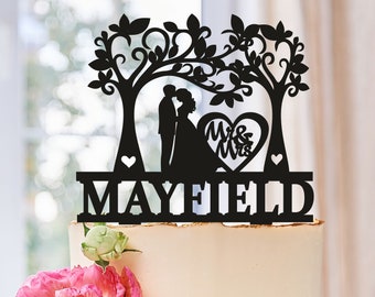 Personalized Wedding Cake Topper Silhouette with Love Tree,Tree Wedding Cake Topper,Silhouette couple Cake Topper,Wood Tree Cake Topper 548