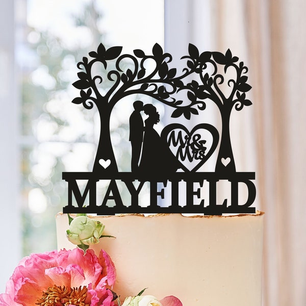 Personalized Wedding Cake Topper Silhouette with Love Tree,Tree Wedding Cake Topper,Silhouette couple Cake Topper,Wood Tree Cake Topper 548
