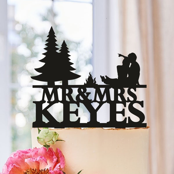 Camping Cake Topper,Wedding cake topper,Camping Theme Cake Topper,Fire,Outdoor Wedding,Mr and Mrs Cake Topper,Couple near the fire (0315)