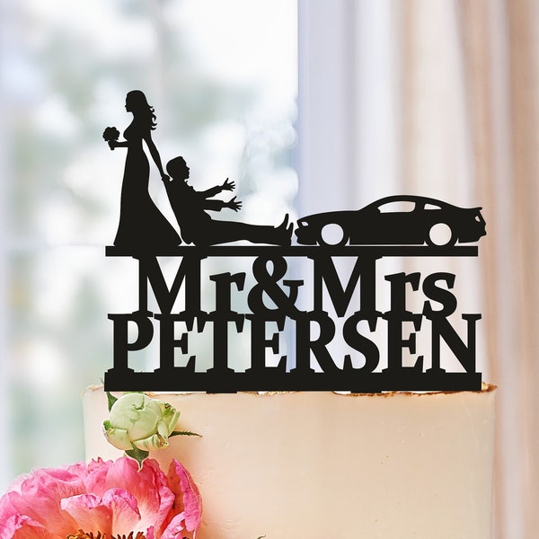 Wedding Cake Topper with car,Bride Dragging Groom Cake Topper,Custom Cake Topper,drivers wedding cake topper,Personalized Car Cake Topper611