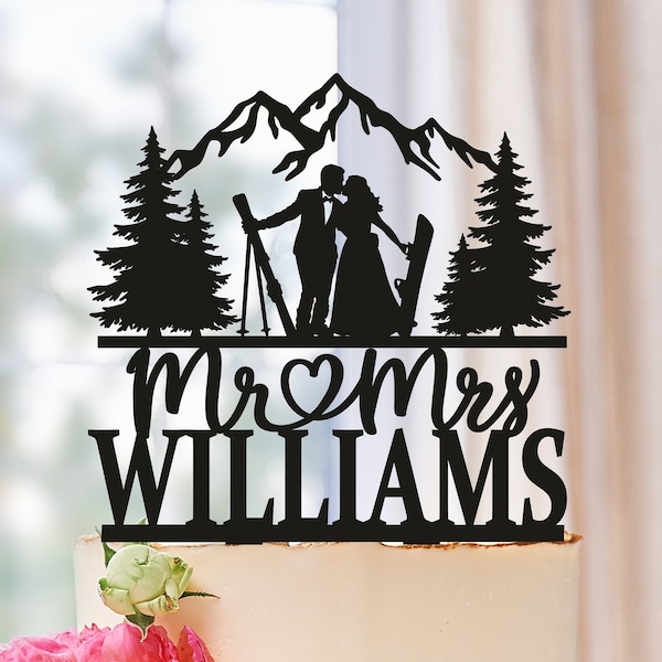 Bride and Groom Skiers Cake Topper, Mountain snowboard cake topper, Snowboard ski wedding cake topper, Skiing Cake Topper, Winter topper 663